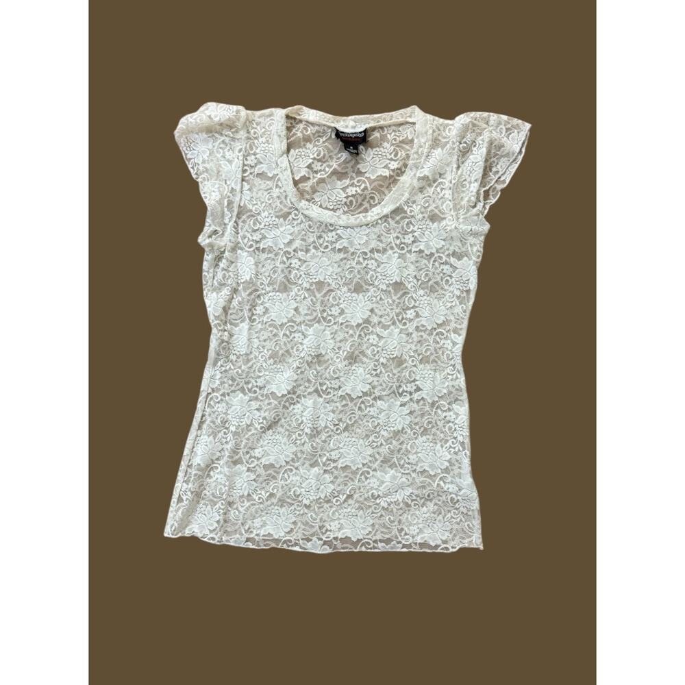 HOT TEMPERED IVORY FLORAL STRETCHY SHORT SLEEVED SHEER COVER UP BLOUSE TOP M